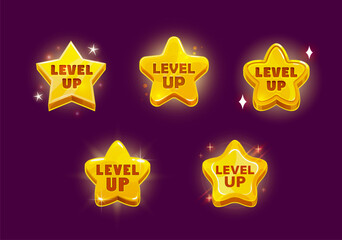 Game level up reward star rate icons. Isolated vector golden badges set, award ui medals, shiny rank achievement. Rating bonus stars, winner or champion tournament appreciation menu interface elements - obrazy, fototapety, plakaty