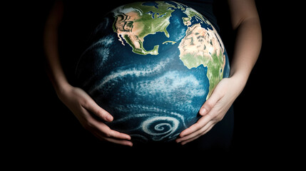Pregnant woman holding a globe with the word earth on it - obrazy, fototapety, plakaty