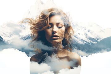Double exposure silhouette head portrait of girl combined with photograph of mountains.