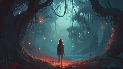 Scary dark forest with a girl - obrazy, fototapety, plakaty