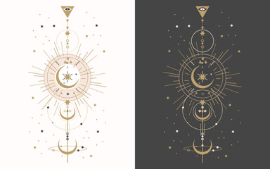 Set of esoteric mystical posters with spiritual symbols, moon, sun, stars. Templates on light and dark backgrounds. Vector