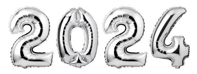 Numbers 2024 made of silver balloons isolated on white background. New year concept