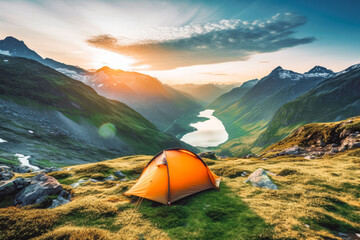 Camping tent surrounded by stunning nature in the mountains with beautiful sunset in the background, nature lover, adventure camping