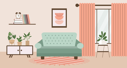 Living room with sofa, house plants, bedside table, window with curtains, bookcase and paintings on the wall. Flat interior, vector