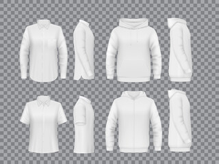 Men shirt, hoody and polo mockups. White short-sleeved and longsleeve shirt, man modern sweatshirt, isolated hoodie with zipper and pockets, clothing front, side and back view realistic vector mock up