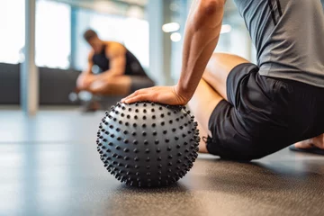 Tuinposter Close up shot of a caucasian athletic man using a spiky massage ball after work out for relaxing muscles, sport massage © VisualProduction