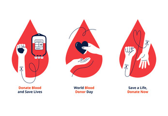 Blood donation concepts. Giving and transfusion of blood, helping people. Vector flat illustrations on a white background. - obrazy, fototapety, plakaty