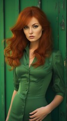 Obraz na płótnie Canvas Red Hair Woman in the 70s Fashion Style standing against a Green Background with Empty Copy Space for Text - Wallpaper Ginger Hair Girl 70s - 70s Woman Backdrop created with Generative AI Technology