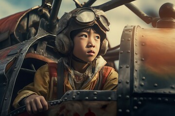 Chinese boy flying in airplane. Fun day cheerful model smiling. Generate Ai