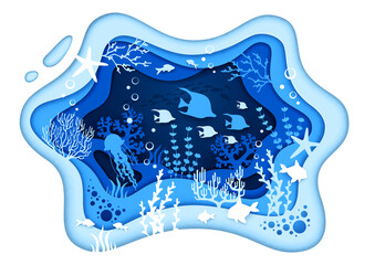 Ocean blue sea paper cut landscape silhouette. Seaweeds, fish shoal, starfish and jellyfish on tropical coral reef bottom vector background with algae and bubbles in 3d papercut wavy frame borders
