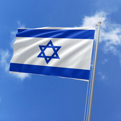 Israel flag fluttering in the wind on sky.