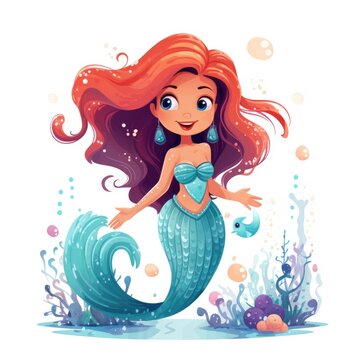 cartoon little mermaid on white background. Flat style