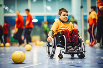 Disabled young boy player playing on wheelchair and having fun, game with ball, special needs child...