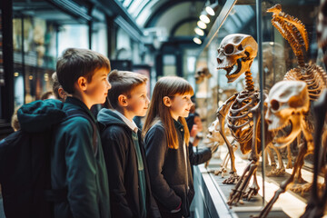 Curious group of primary school students observing animal skeletons and skulls at the museum, fun and educational school field trip - obrazy, fototapety, plakaty