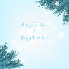 Merry Christmas and Happy New Year background with pine branches and glitter.