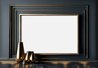 Gold frame in dark modern interior Mockup. Template of an empty framing. Generative Ai