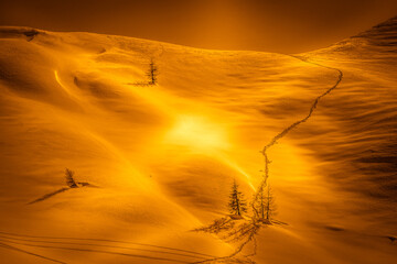 Orange fantasy color effect image of traces of skiers and snowshoe trail on white snowy meadows of...