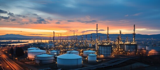 Aerial view of Oil and gas industry - refinery, Shot from drone of Oil refinery and Petrochemical plant at twilight - obrazy, fototapety, plakaty