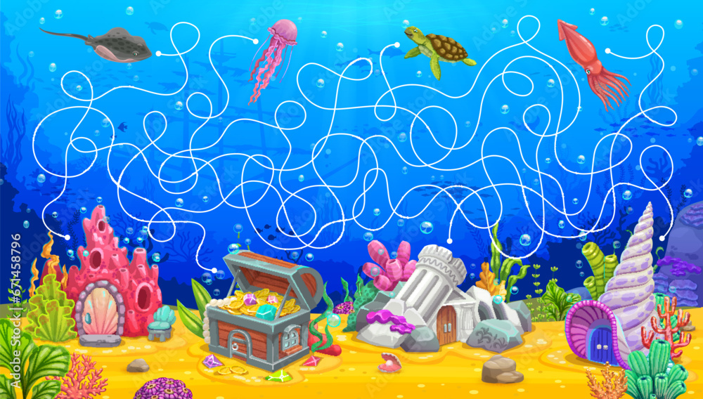 Poster underwater labyrinth maze, help to animals find own house building, vector puzzle game. cartoon jell