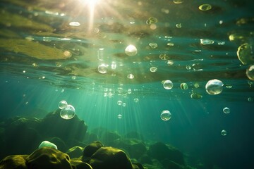 Bubbles and bokeh underwater in clear green ocean Generative ai