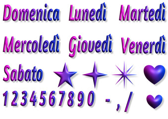 lunedì, martedì, mercoledì, giovedì, venerdì, sabato, domenica, numeri - writen to italian - Icons with calendar days Week.. Vector set. Point sticker to decorate diary, scheduler, calendar, planner.