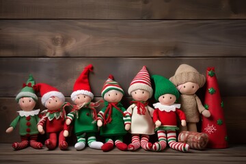Christmas elves toys on wooden board. Seasonal advent cute design elf. Generate Ai - obrazy, fototapety, plakaty