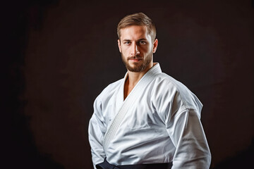 Obraz premium Portrait of handsome young male in his white karate kimono with black belt, asian martial art training indoor, karate class