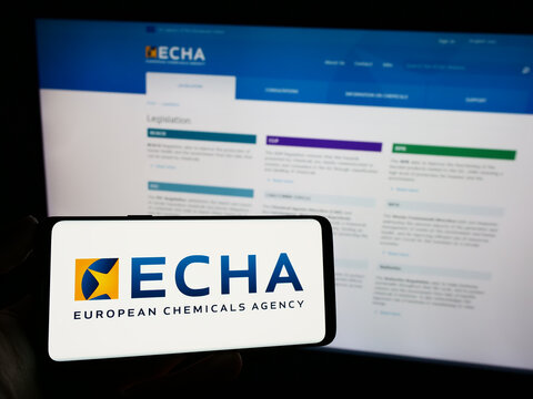 Stuttgart, Germany - 10-20-2023: Person holding mobile phone with logo of EU institution European Chemicals Agency (ECHA) in front of web page. Focus on phone display.