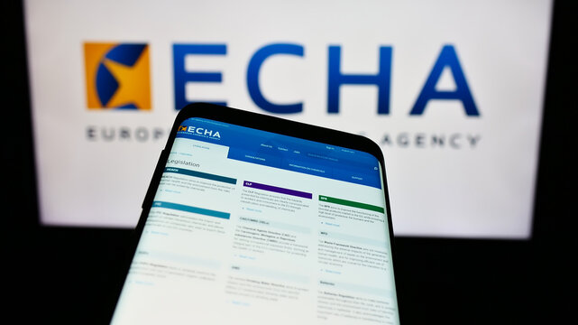 Stuttgart, Germany - 10-20-2023: Mobile phone with website of EU institution European Chemicals Agency (ECHA) in front of logo. Focus on top-left of phone display.