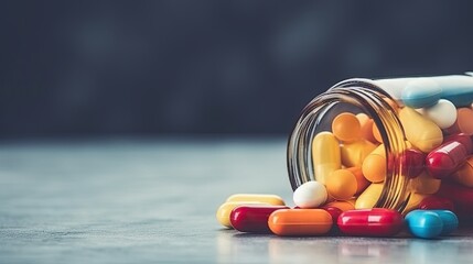 Colorful pills and capsules spilling out of pill bottle on grey background. Medical and medicine concept. Ai generative - obrazy, fototapety, plakaty