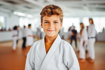Foto op Plexiglas Portrait of handsome young boy in his karate kimono training in a gymnasium, asian martial art training indoor, karate group class © VisualProduction