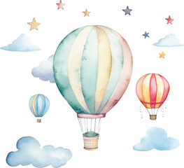 Watercolor hot air balloon  pattern with, clouds on a white background.