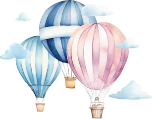 Watercolor hot air balloon  pattern with, clouds on a white background. - obrazy, fototapety, plakaty