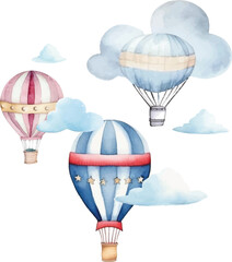 Watercolor hot air balloon  pattern with, clouds on a white background.