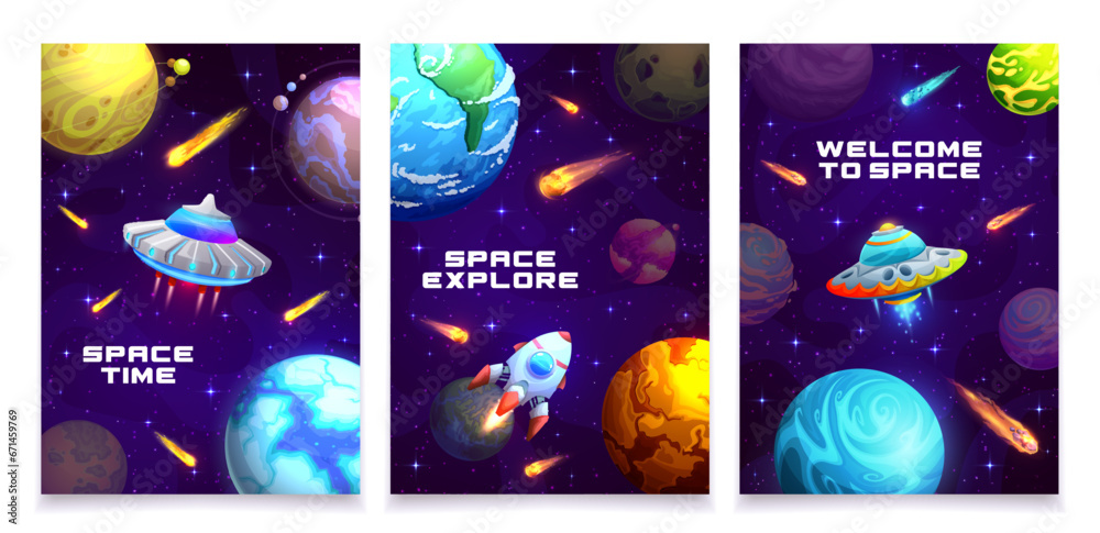 Poster cartoon galaxy space posters. vector cards with alien ufo saucers, rockets, planets and asteroids in