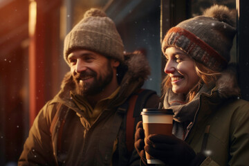 Positive couple having hot drinks on the go outdoors on winter day. Having fun, having conversation, talking together. Enjoying coffee on the go