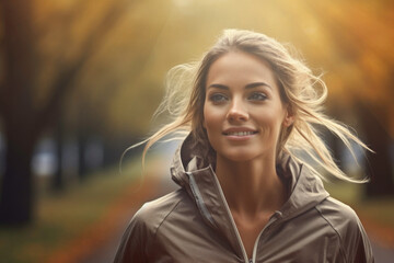 Young woman jogging outdoor during workout on autumn day. Woman running in park. Active woman. Cardio training. Physical fitness. Cardio workout. Healthy lifestyle. Daily routine - obrazy, fototapety, plakaty