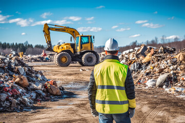 Construction worker directing yellow wheel loader with lifted scrap grapple that is moving a pile of garbage on construction site - obrazy, fototapety, plakaty