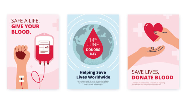 Blood donation concepts. Give blood, save lives, and help people. World Blood Donor Day. Vector poster templates with various illustrations.