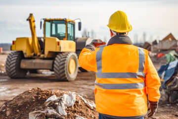 Construction worker directing yellow wheel loader with lifted scrap grapple that is moving a pile of garbage on construction site