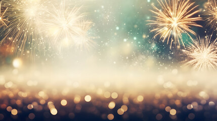 Vintage gold and green Fireworks and bokeh in New Year eve and copy space. Abstract background holiday