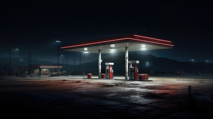 Horizontal shot of a generic unbranded gas station at night.