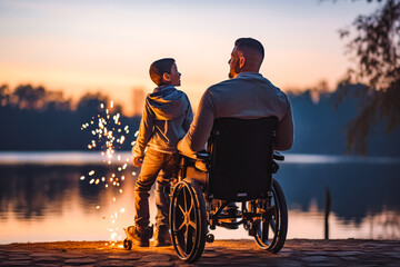 Young father with disability on a wheelchair with his son right beside him with sunset in the background, spending quality time together - obrazy, fototapety, plakaty