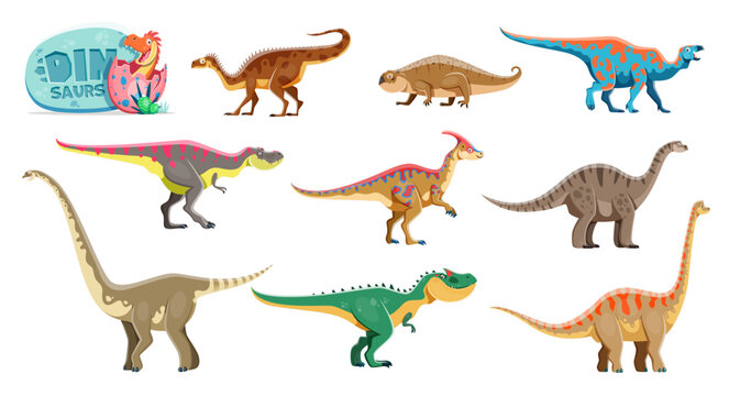 Cartoon dinosaurs isolated funny characters. Plateosaurus, Hyperodapedon, Tarbosaurus and Parasaurolophus, Vulcanodon, Omeisaurus, Allosaurus and Brachiosaurus, Iguanodon dinosaurs vector personages