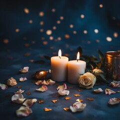 Candele profumate con petali su sfondo nero, romanticismo, pace e serenità