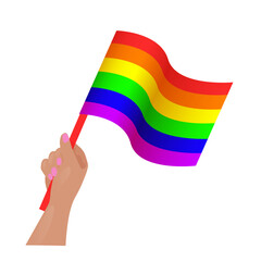 LGBT pride flag. Multicolored peace flag movement. Rainbow flag holding in hand gay blowing in the wind. Vector illustration flat design. Isolated on white background.