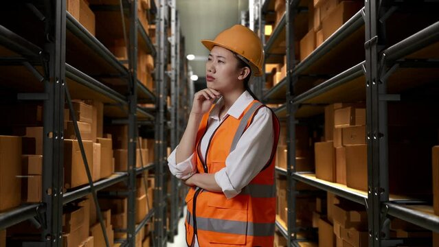 Side View Of Asian Female Engineer With Safety Helmet Standing In The Warehouse With Shelves Full Of Delivery Goods. Thinking About Something And Looking Around Then Raising Her Index Finger 
