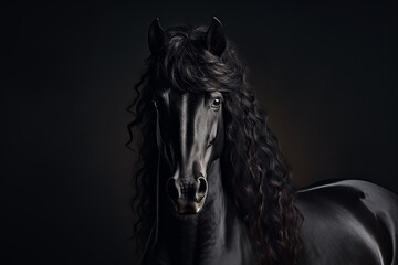 Portrait of a black beautiful stallion on a dark background.black horse close-up with space for text