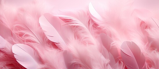 The stunning abstract pale pink plumes stand out against a white backdrop while a frame of red feathers adds an extra touch of elegance on a textured pink pattern The background is a soft pi
