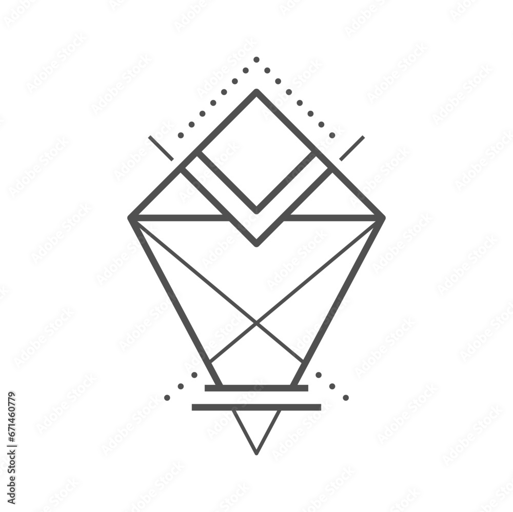 Poster Geometric boho tattoo. Sacred geometry thin line symbol, boho outline vector ornament or esoteric magic abstract line art sign. Occult alchemy, hipster minimalistic triangle tattoo